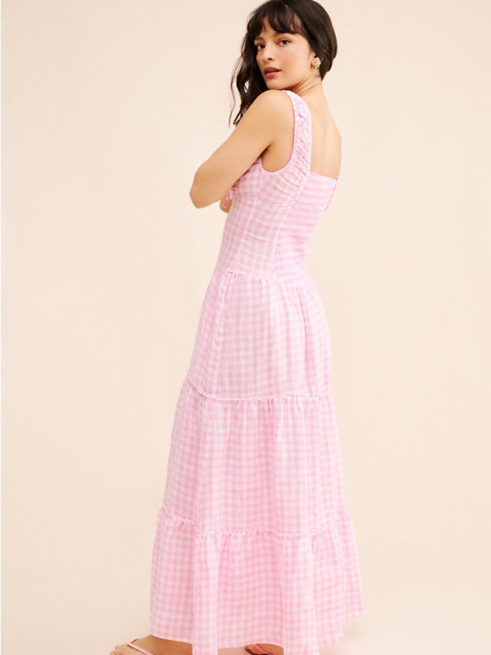Frankie's Bikinis Christabelle Ruffle Pink Gingham Smocked Maxi Dress - Picture 2 of 7
